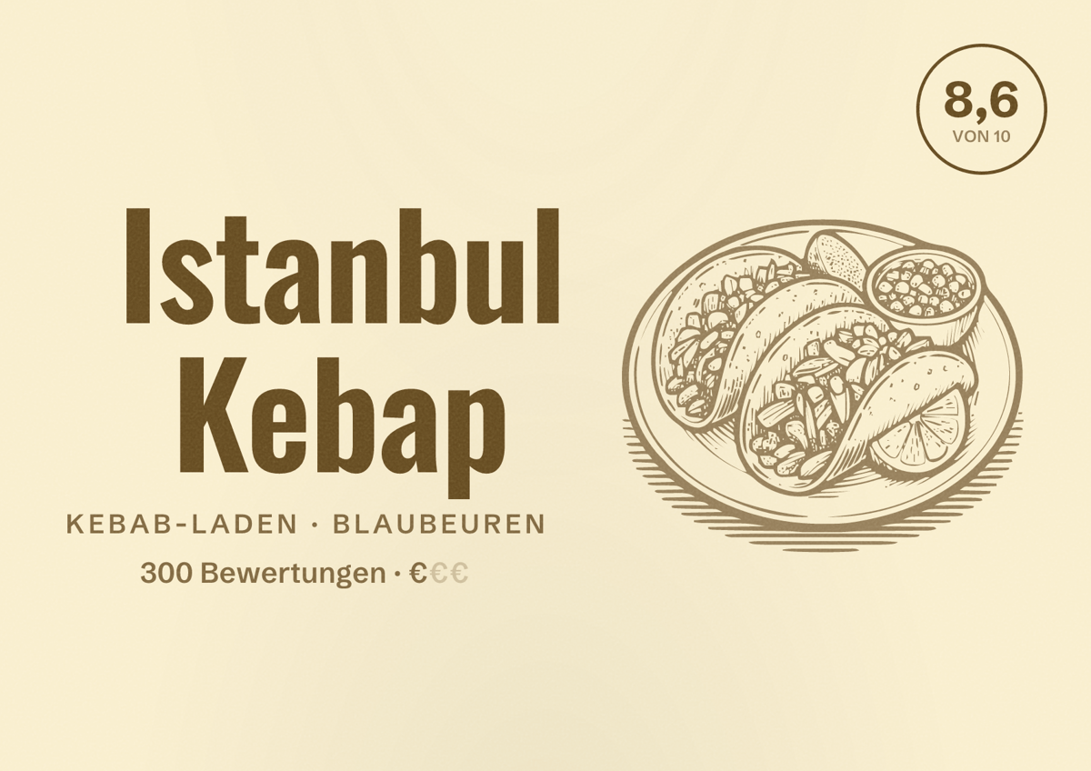 Illustriertes Poster von Istanbul Kebap, Kebab-Laden in Blaubeuren: Bewertung 8,6 von 10 aus 300 Bewertungen, Preisniveau €