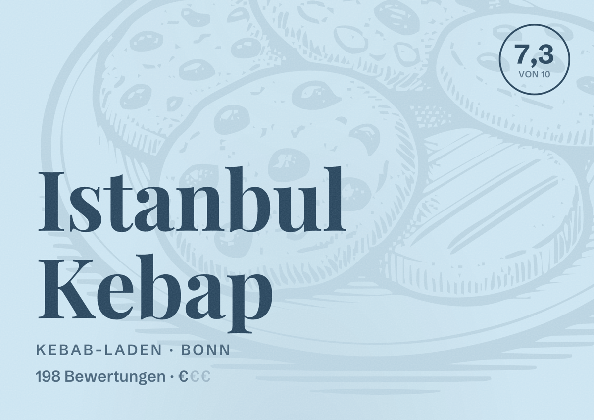 Illustriertes Poster von Istanbul Kebap, Kebab-Laden in Bonn: Bewertung 7,3 von 10 aus 198 Bewertungen, Preisniveau €