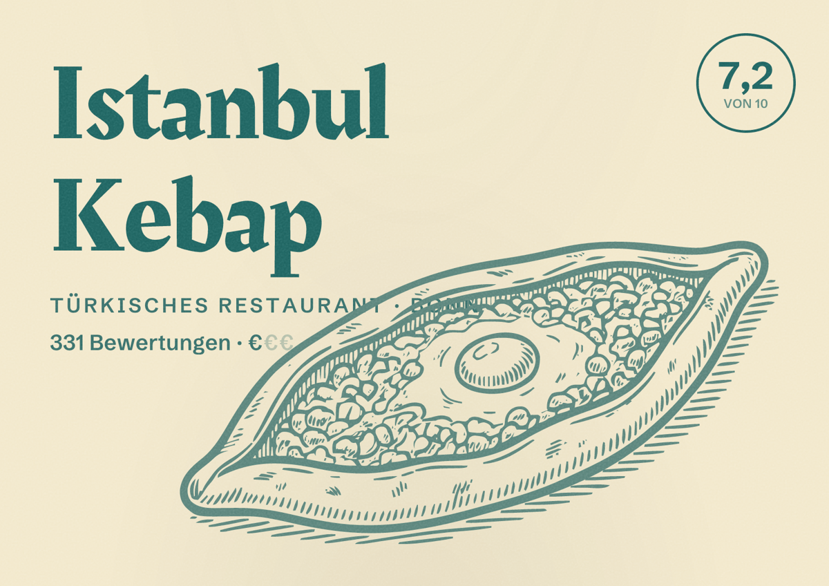 Illustriertes Poster von Istanbul Kebap, Türkisches Restaurant in Bonn: Bewertung 7,2 von 10 aus 331 Bewertungen, Preisniveau €