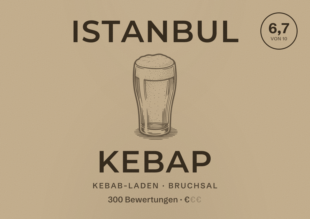 Illustriertes Poster von Istanbul Kebap, Kebab-Laden in Bruchsal: Bewertung 6,7 von 10 aus 300 Bewertungen, Preisniveau €