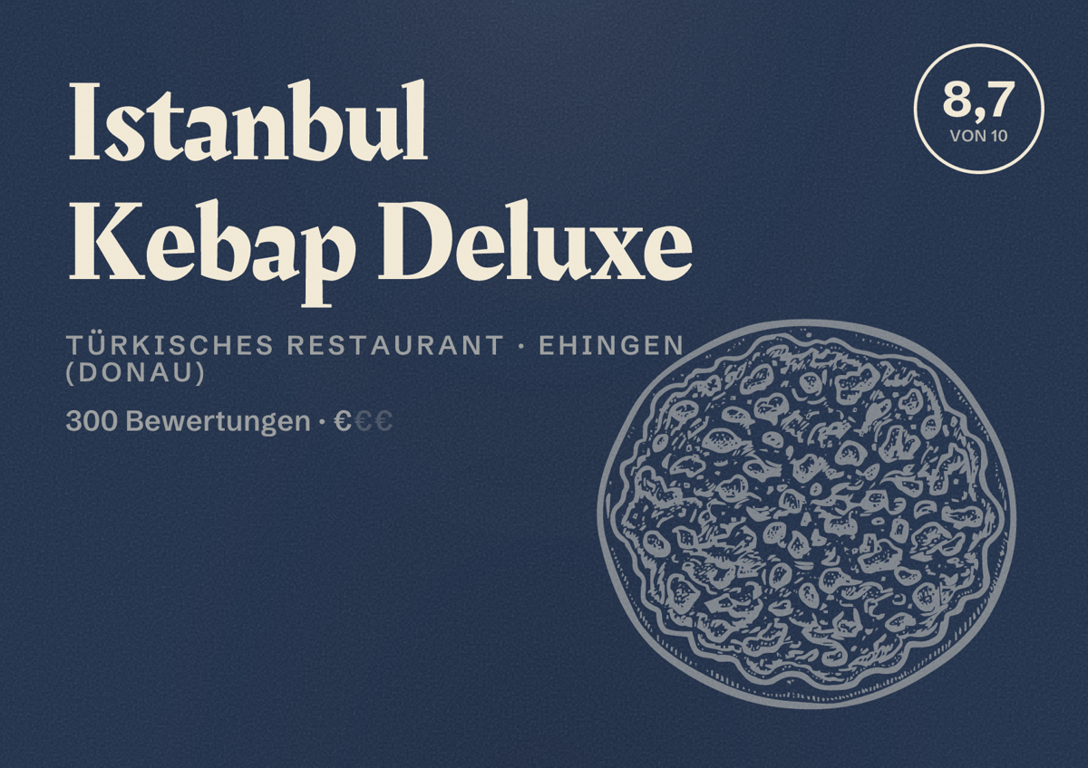 Illustriertes Poster von Istanbul Kebap Deluxe, Türkisches Restaurant in Ehingen (Donau): Bewertung 8,7 von 10 aus 300 Bewertungen, Preisniveau €