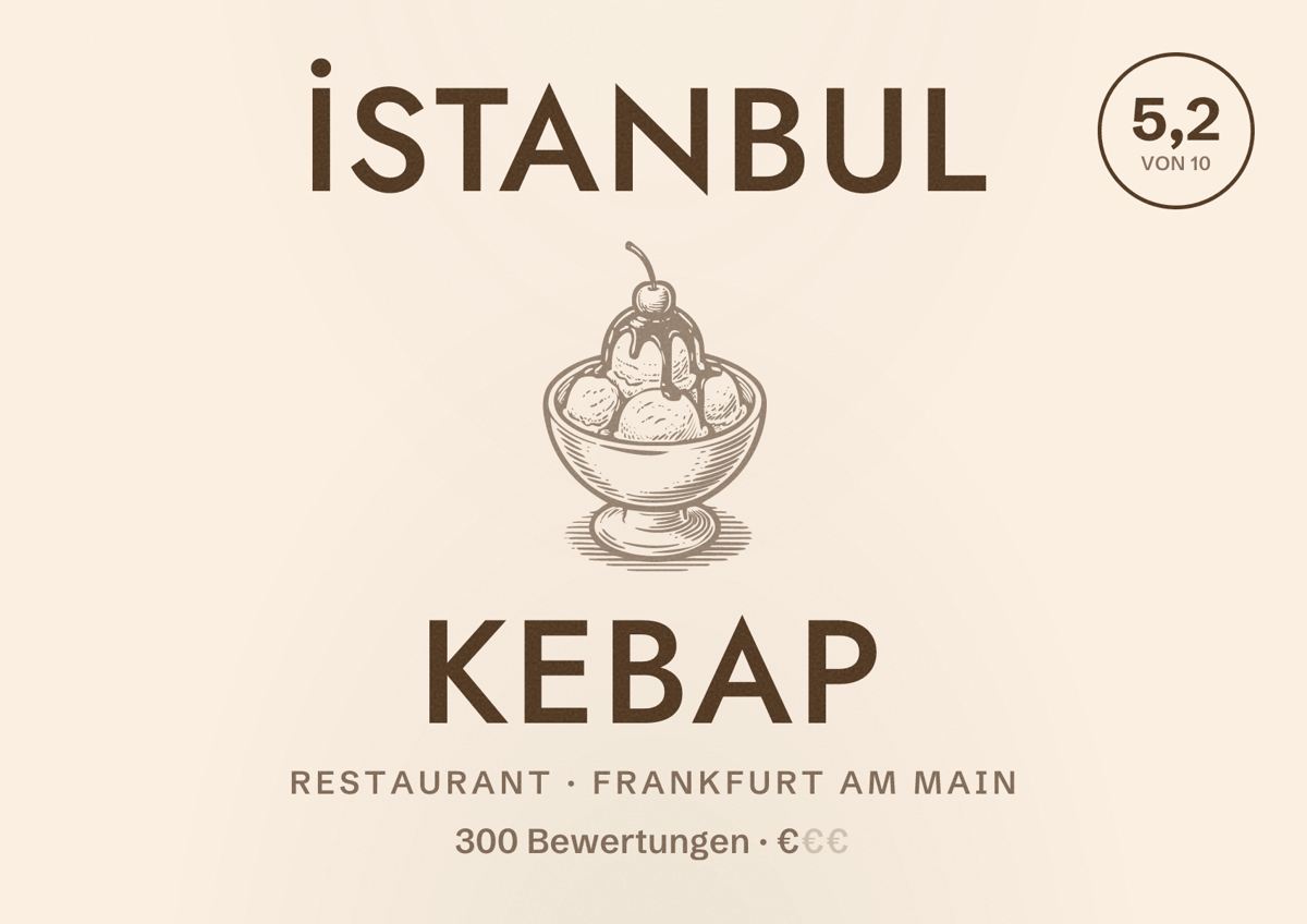 Illustriertes Poster von İstanbul kebap, Restaurant in Frankfurt am Main: Bewertung 5,2 von 10 aus 300 Bewertungen, Preisniveau €