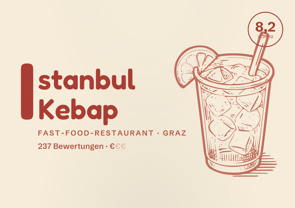 Illustriertes Poster von Istanbul Kebap, Fast-Food-Restaurant in Graz: Bewertung 8,2 von 10 aus 237 Bewertungen, Preisniveau €