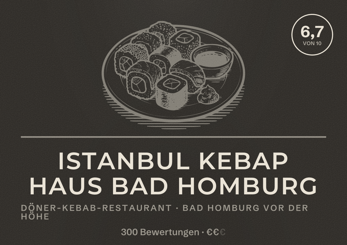 Illustriertes Poster von Istanbul Kebap Haus Bad Homburg, Döner-Kebab-Restaurant in Bad Homburg vor der Höhe: Bewertung 6,7 von 10 aus 300 Bewertungen, Preisniveau €€