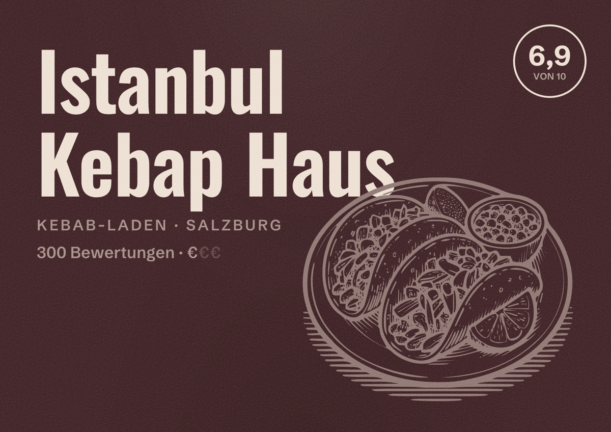 Illustriertes Poster von Istanbul Kebap Haus, Kebab-Laden in Salzburg: Bewertung 6,9 von 10 aus 300 Bewertungen, Preisniveau €