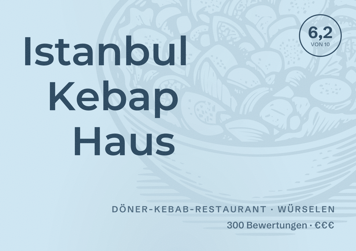 Illustriertes Poster von Istanbul Kebap Haus, Döner-Kebab-Restaurant in Würselen: Bewertung 6,2 von 10 aus 300 Bewertungen, Preisniveau €€€