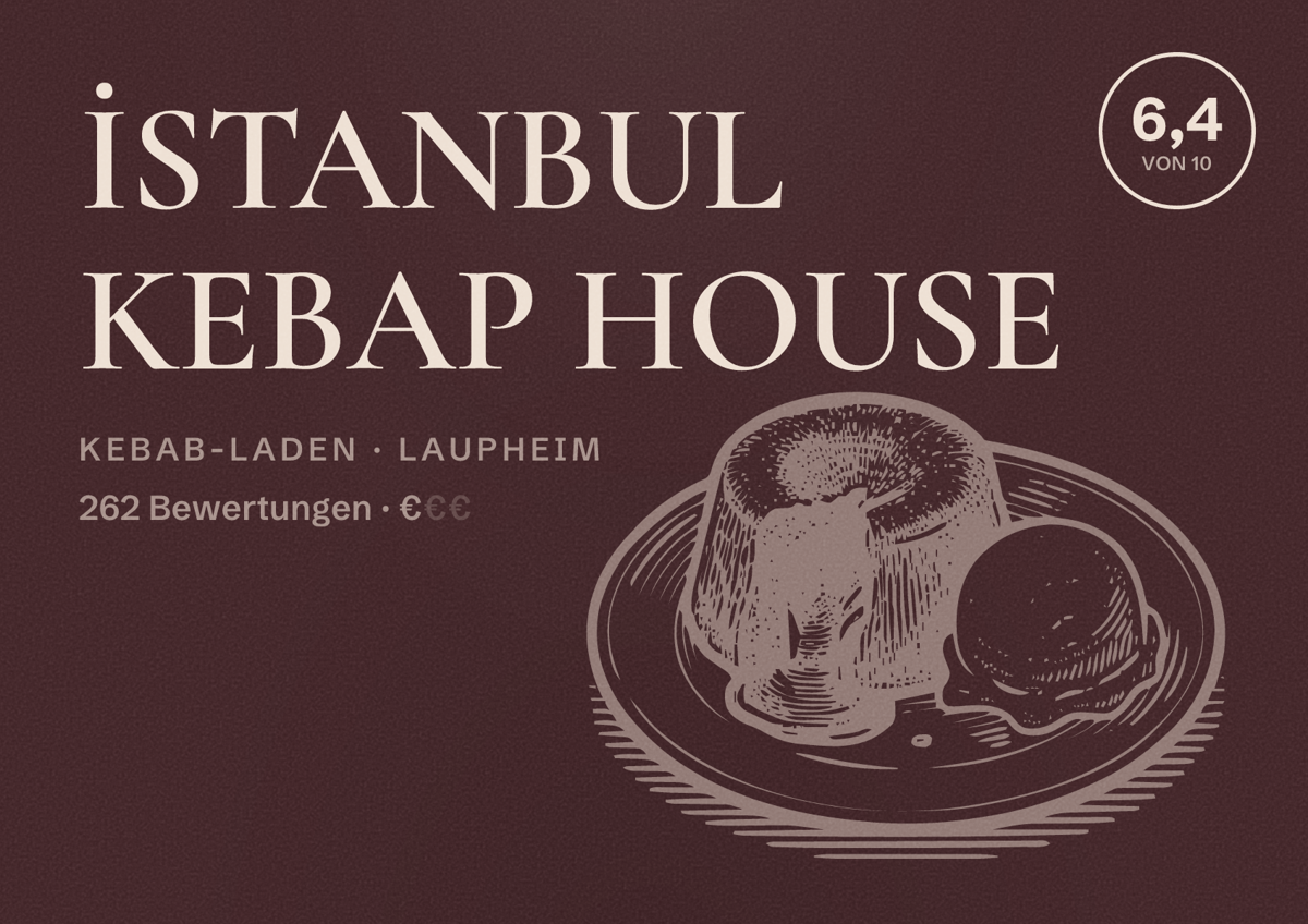 Illustriertes Poster von İSTANBUL KEBAP HOUSE, Kebab-Laden in Laupheim: Bewertung 6,4 von 10 aus 262 Bewertungen, Preisniveau €