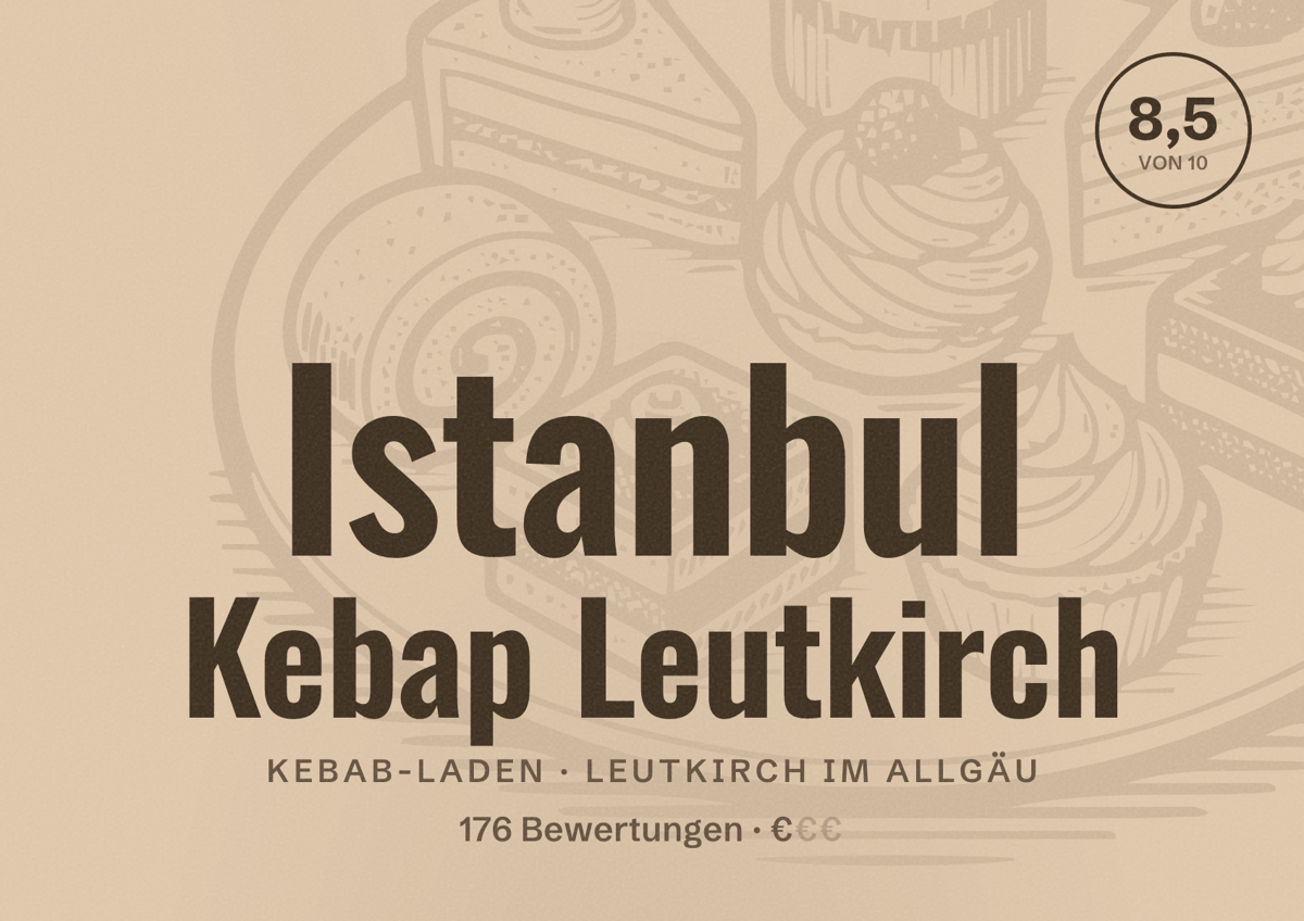 Illustriertes Poster von Istanbul Kebap Leutkirch, Kebab-Laden in Leutkirch im Allgäu: Bewertung 8,5 von 10 aus 176 Bewertungen, Preisniveau €