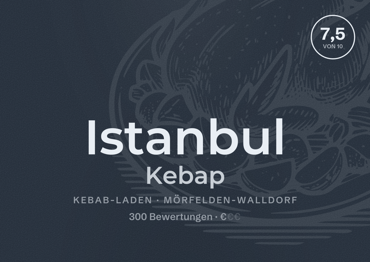 Illustriertes Poster von Istanbul Kebap, Kebab-Laden in Mörfelden-Walldorf: Bewertung 7,5 von 10 aus 300 Bewertungen, Preisniveau €