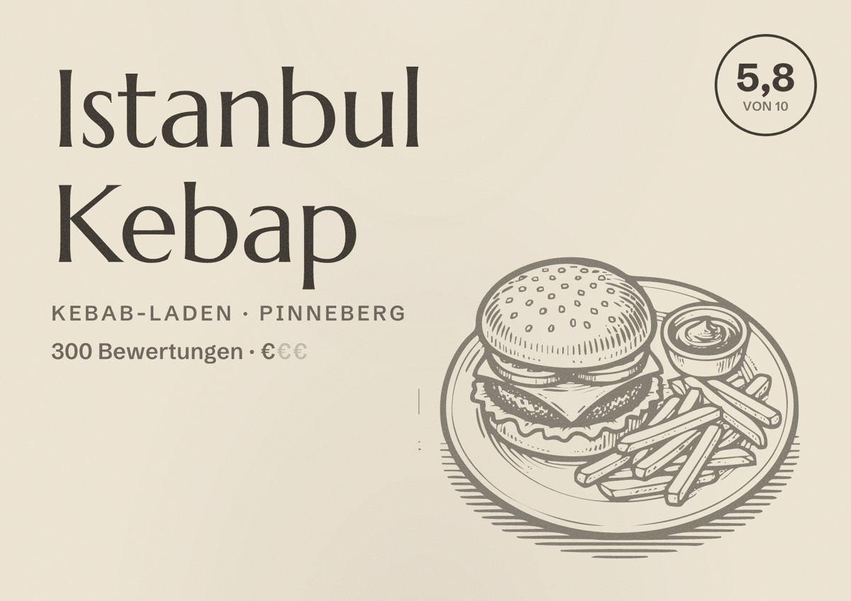 Illustriertes Poster von Istanbul Kebap, Kebab-Laden in Pinneberg: Bewertung 5,8 von 10 aus 300 Bewertungen, Preisniveau €