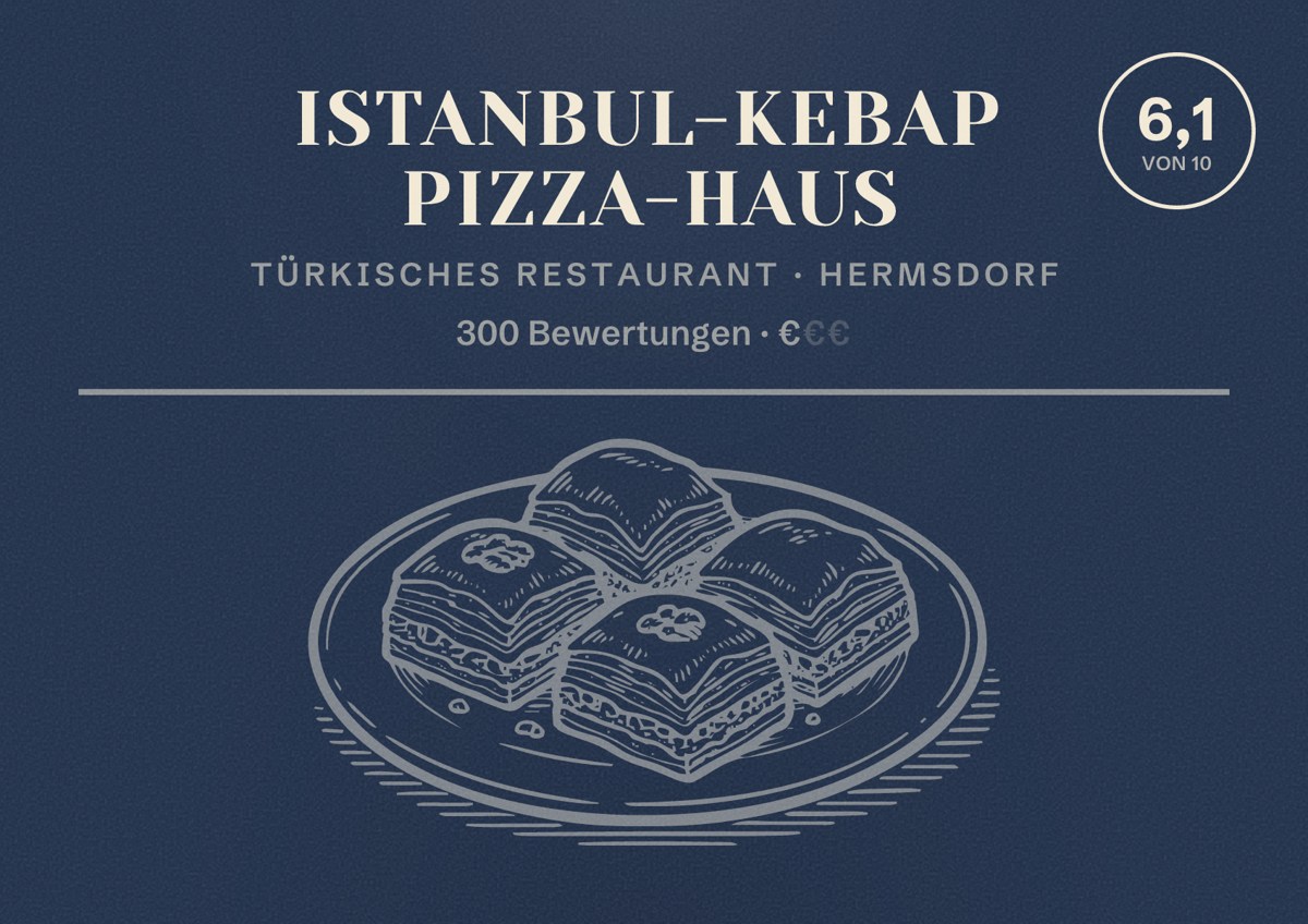 Illustriertes Poster von Istanbul-Kebap Pizza-Haus, Türkisches Restaurant in Hermsdorf: Bewertung 6,1 von 10 aus 300 Bewertungen, Preisniveau €