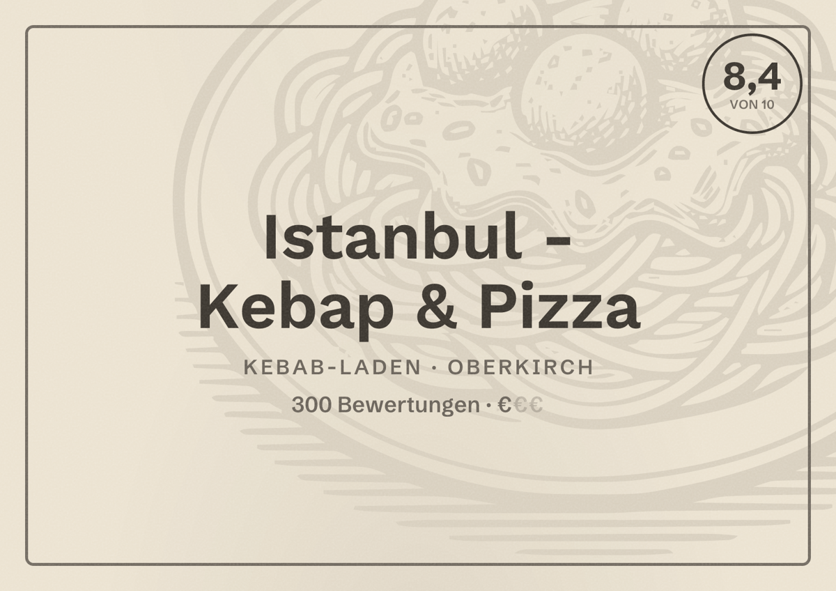Illustriertes Poster von Istanbul - Kebap & Pizza, Kebab-Laden in Oberkirch: Bewertung 8,4 von 10 aus 300 Bewertungen, Preisniveau €
