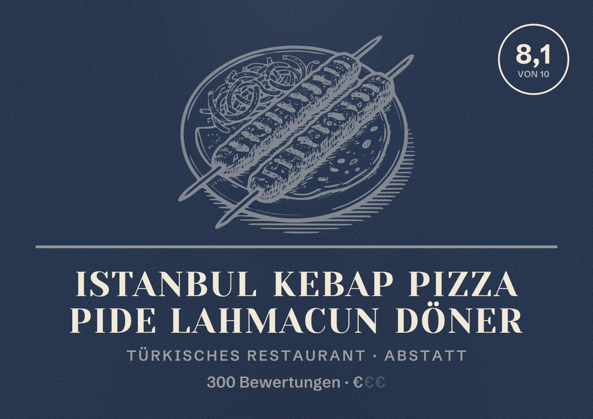 Illustriertes Poster von Istanbul kebap pizza pide lahmacun döner, Türkisches Restaurant in Abstatt: Bewertung 8,1 von 10 aus 300 Bewertungen, Preisniveau €