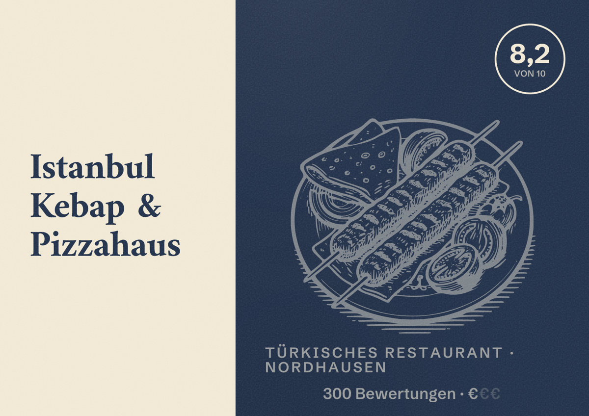 Illustriertes Poster von Istanbul Kebap & Pizzahaus, Türkisches Restaurant in Nordhausen: Bewertung 8,2 von 10 aus 300 Bewertungen, Preisniveau €