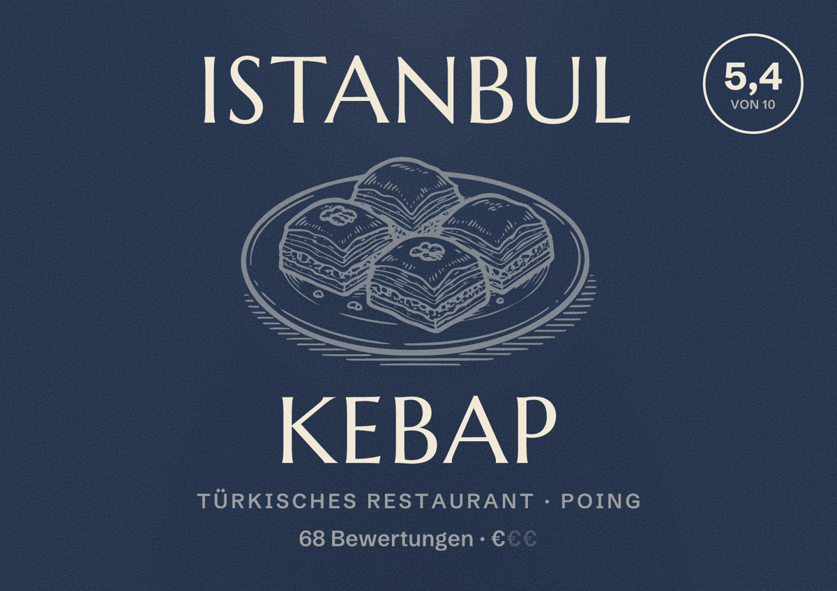 Illustriertes Poster von Istanbul Kebap, Türkisches Restaurant in Poing: Bewertung 5,4 von 10 aus 68 Bewertungen, Preisniveau €