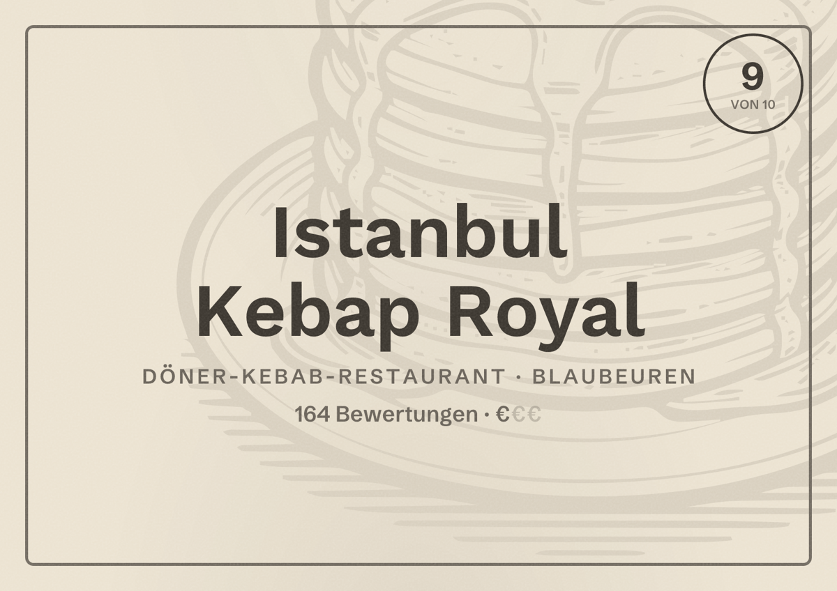 Illustriertes Poster von Istanbul Kebap Royal, Döner-Kebab-Restaurant in Blaubeuren: Bewertung 9 von 10 aus 164 Bewertungen, Preisniveau €