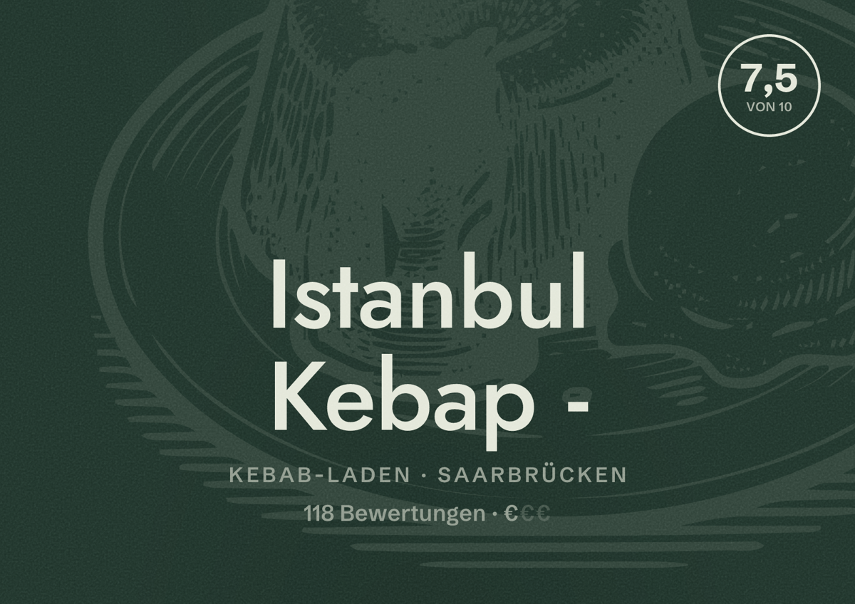 Illustriertes Poster von Istanbul Kebap -, Kebab-Laden in Saarbrücken: Bewertung 7,5 von 10 aus 118 Bewertungen, Preisniveau €
