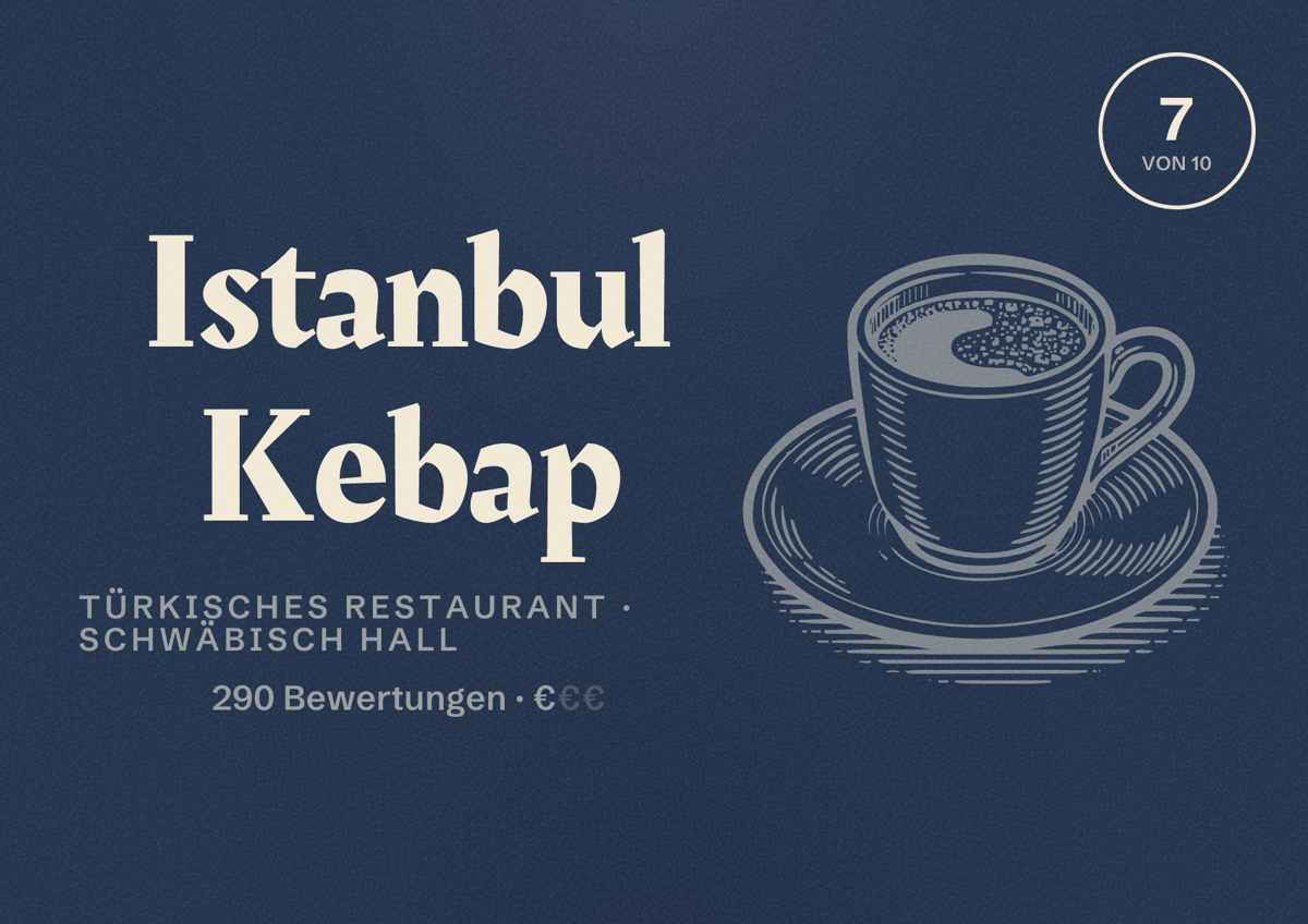 Illustriertes Poster von Istanbul Kebap, Türkisches Restaurant in Schwäbisch Hall: Bewertung 7 von 10 aus 290 Bewertungen, Preisniveau €