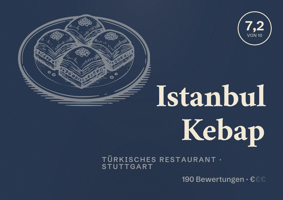 Illustriertes Poster von Istanbul Kebap, Türkisches Restaurant in Stuttgart: Bewertung 7,2 von 10 aus 190 Bewertungen, Preisniveau €