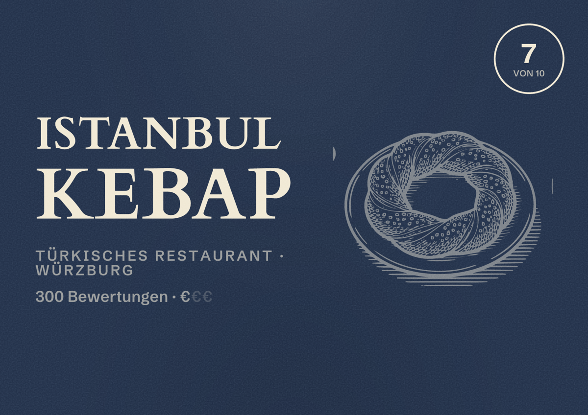 Illustriertes Poster von Istanbul Kebap, Türkisches Restaurant in Würzburg: Bewertung 7 von 10 aus 300 Bewertungen, Preisniveau €