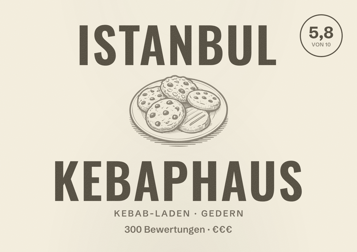 Illustriertes Poster von Istanbul Kebaphaus, Kebab-Laden in Gedern: Bewertung 5,8 von 10 aus 300 Bewertungen, Preisniveau €€€