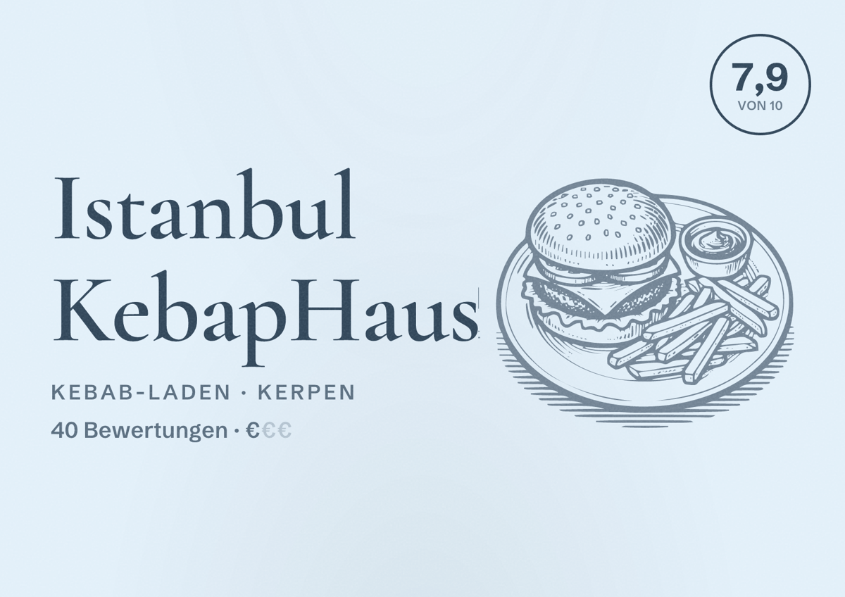 Illustriertes Poster von Istanbul KebapHaus, Kebab-Laden in Kerpen: Bewertung 7,9 von 10 aus 40 Bewertungen, Preisniveau €