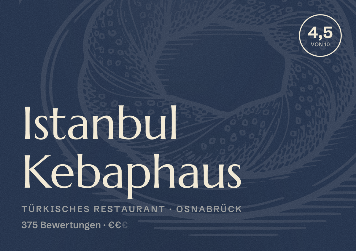 Illustriertes Poster von Istanbul Kebaphaus, Türkisches Restaurant in Osnabrück: Bewertung 4,5 von 10 aus 375 Bewertungen, Preisniveau €€