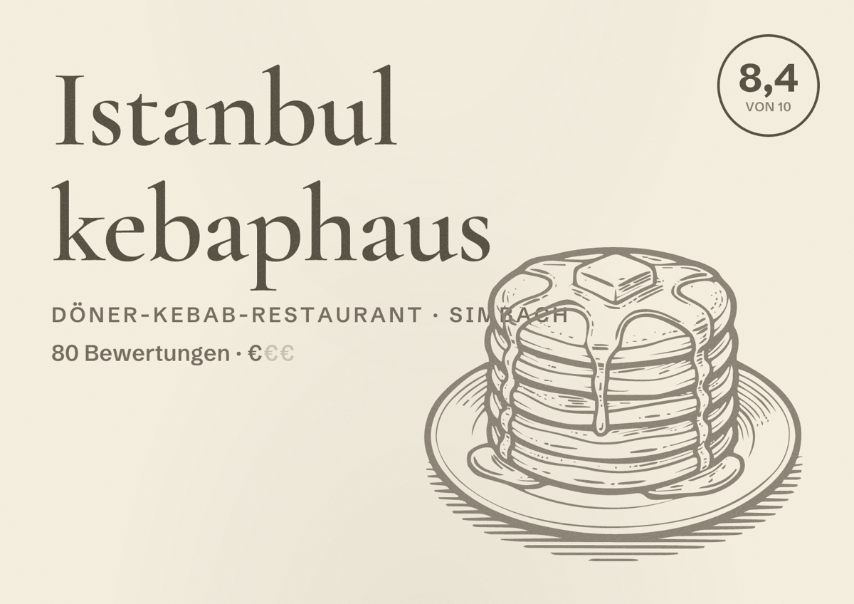 Illustriertes Poster von Istanbul kebaphaus, Döner-Kebab-Restaurant in Simbach: Bewertung 8,4 von 10 aus 80 Bewertungen, Preisniveau €