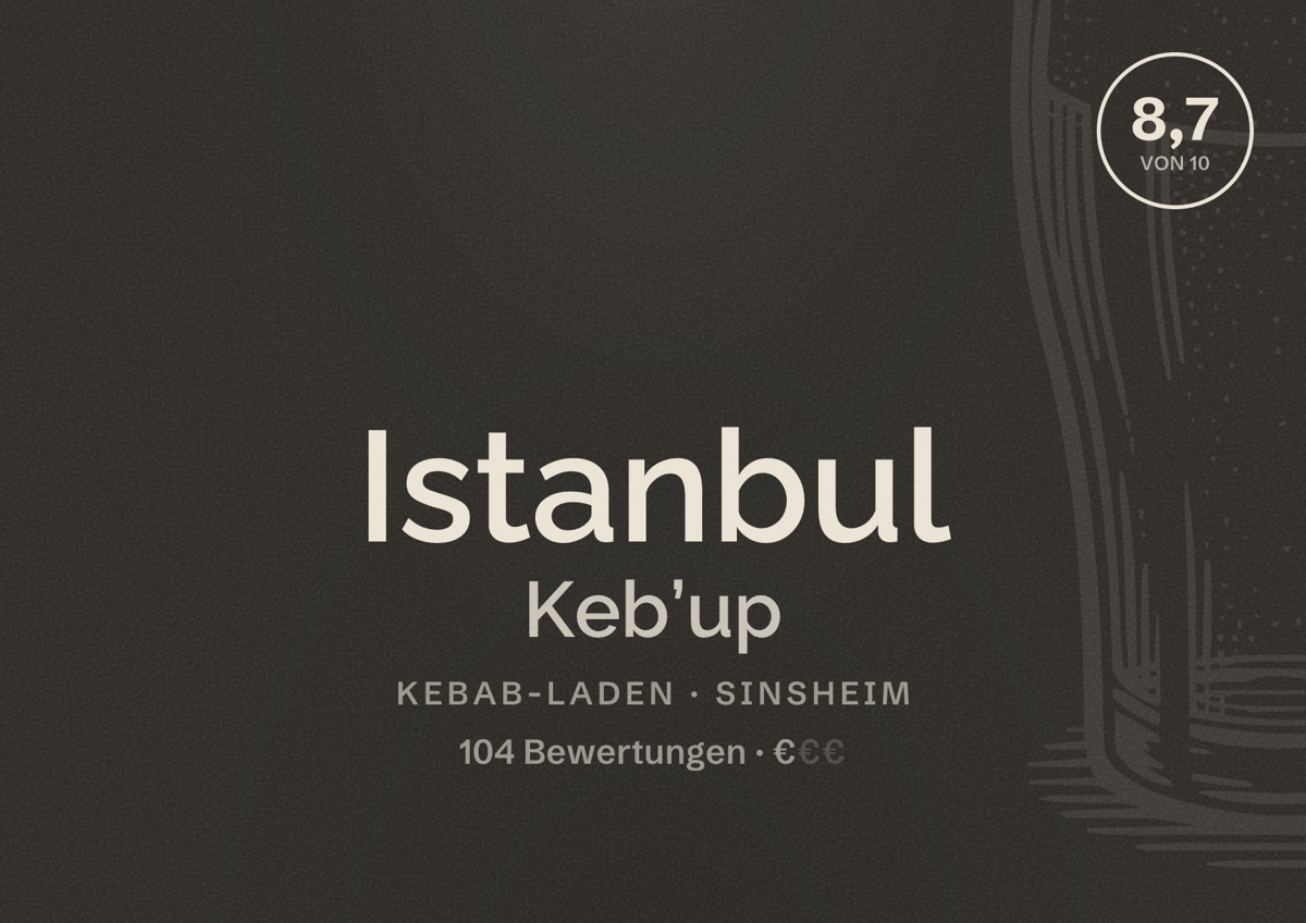 Illustriertes Poster von Istanbul Keb’up, Kebab-Laden in Sinsheim: Bewertung 8,7 von 10 aus 104 Bewertungen, Preisniveau €