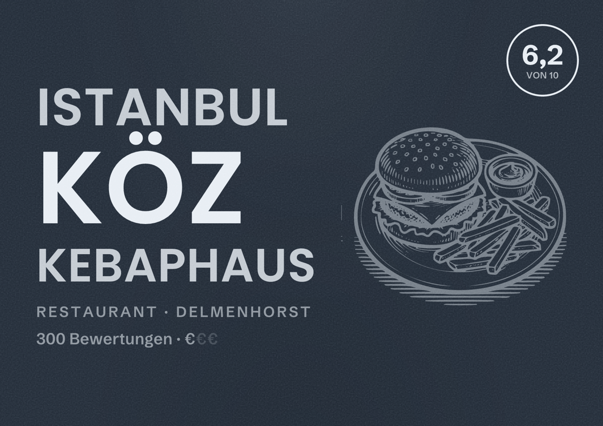 Illustriertes Poster von Istanbul Köz Kebaphaus, Restaurant in Delmenhorst: Bewertung 6,2 von 10 aus 300 Bewertungen, Preisniveau €