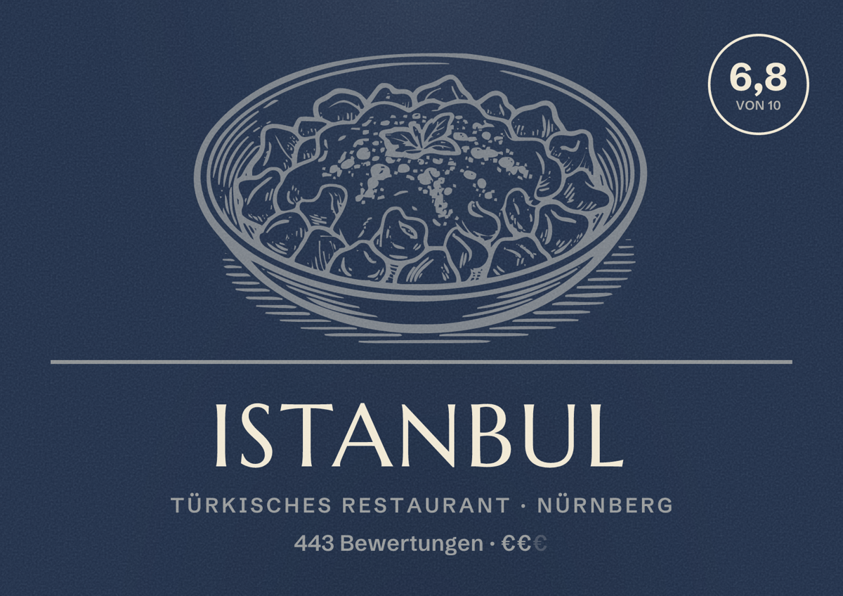Illustriertes Poster von Istanbul, Türkisches Restaurant in Nürnberg: Bewertung 6,8 von 10 aus 443 Bewertungen, Preisniveau €€