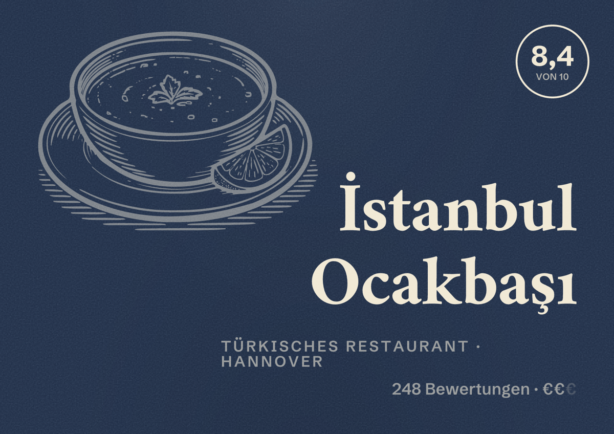 Illustriertes Poster von İstanbul Ocakbaşı, Türkisches Restaurant in Hannover: Bewertung 8,4 von 10 aus 248 Bewertungen, Preisniveau €€