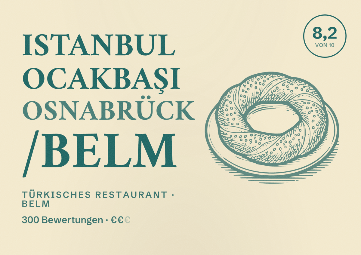 Illustriertes Poster von Istanbul Ocakbaşi Osnabrück /Belm, Türkisches Restaurant in Belm: Bewertung 8,2 von 10 aus 300 Bewertungen, Preisniveau €€
