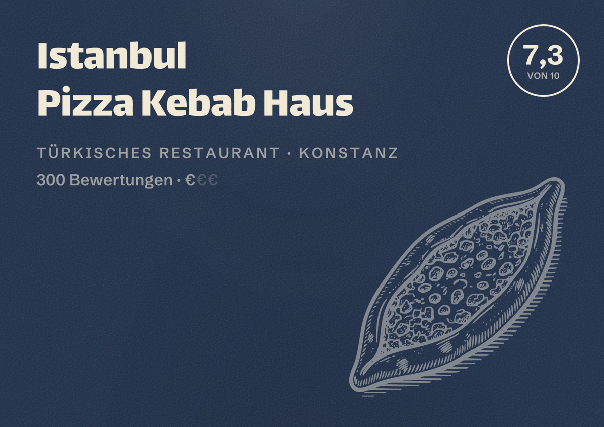 Illustriertes Poster von Istanbul Pizza Kebab Haus, Türkisches Restaurant in Konstanz: Bewertung 7,3 von 10 aus 300 Bewertungen, Preisniveau €