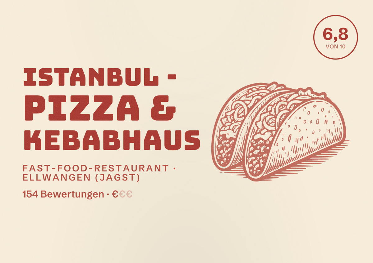 Illustriertes Poster von Istanbul - Pizza & Kebabhaus, Fast-Food-Restaurant in Ellwangen (Jagst): Bewertung 6,8 von 10 aus 154 Bewertungen, Preisniveau €