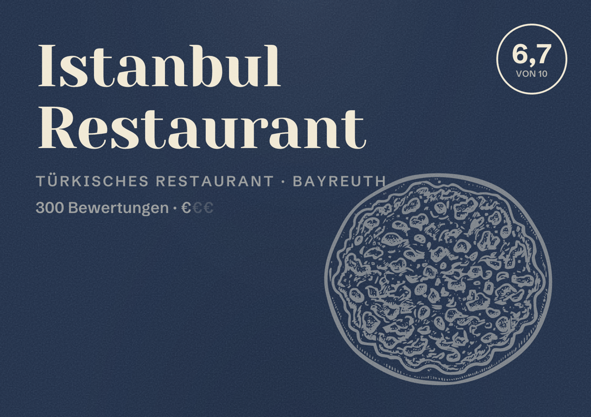 Illustriertes Poster von Istanbul Restaurant, Türkisches Restaurant in Bayreuth: Bewertung 6,7 von 10 aus 300 Bewertungen, Preisniveau €