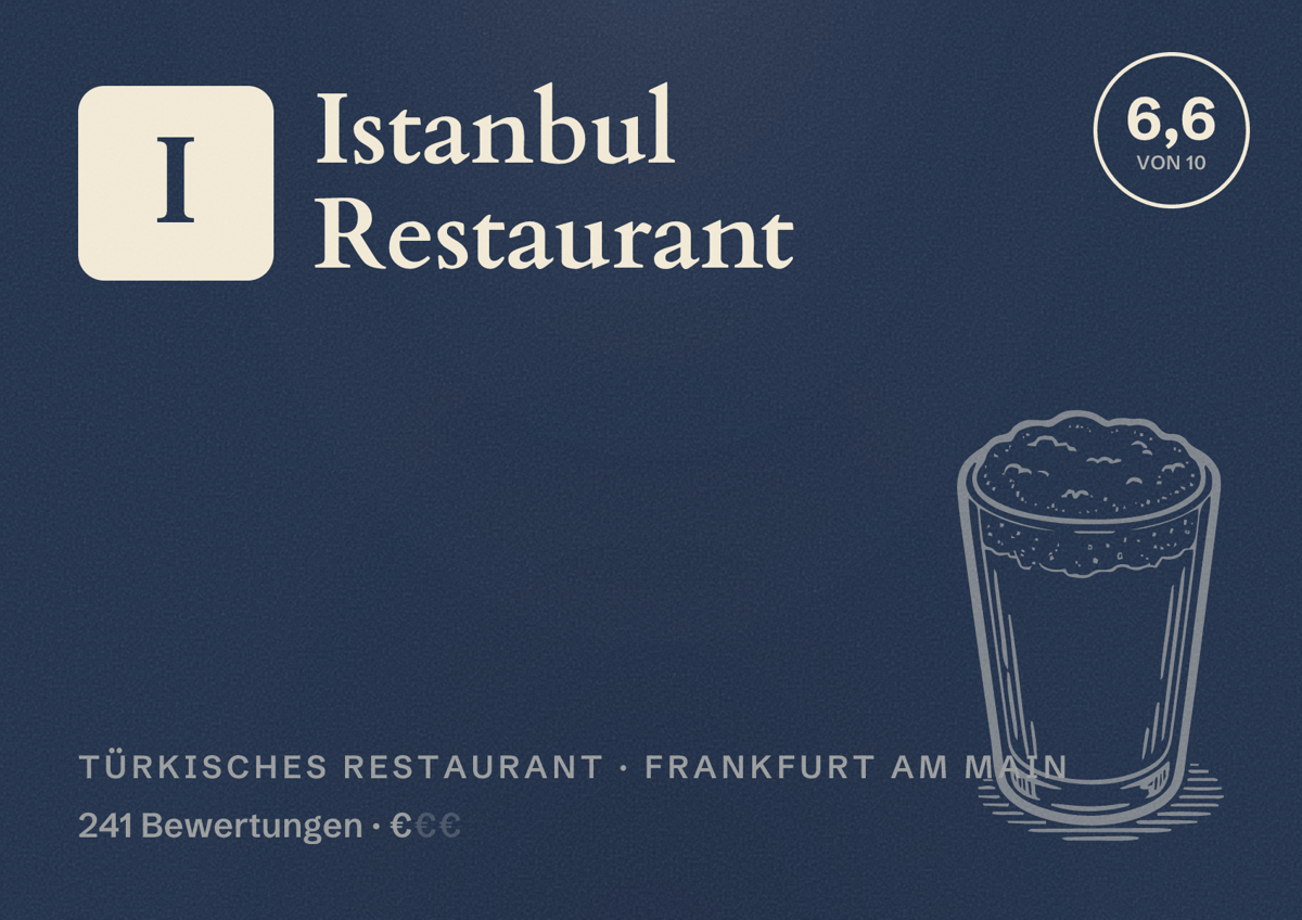 Illustriertes Poster von Istanbul Restaurant, Türkisches Restaurant in Frankfurt am Main: Bewertung 6,6 von 10 aus 241 Bewertungen, Preisniveau €