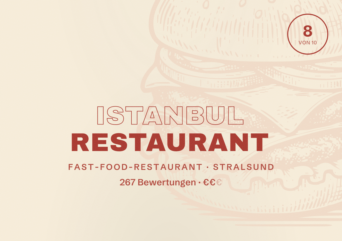 Illustriertes Poster von Istanbul Restaurant, Fast-Food-Restaurant in Stralsund: Bewertung 8 von 10 aus 267 Bewertungen, Preisniveau €€