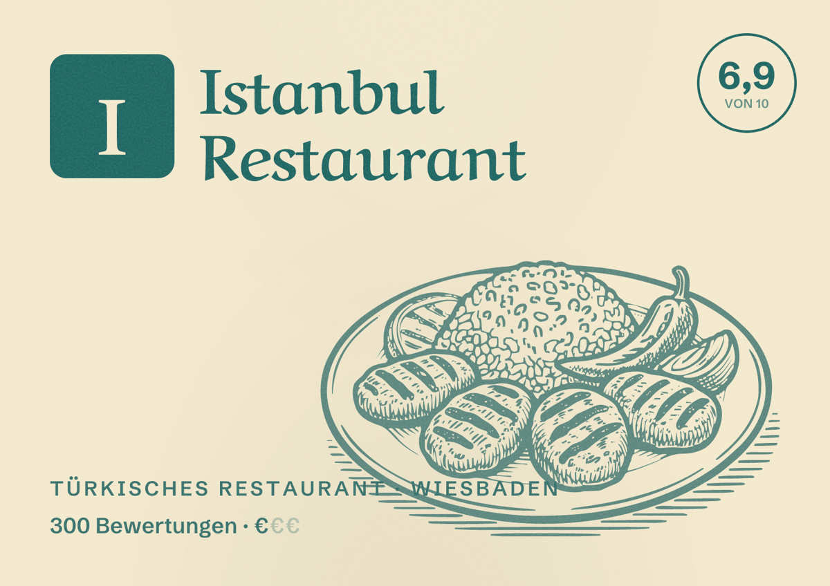 Illustriertes Poster von Istanbul Restaurant, Türkisches Restaurant in Wiesbaden: Bewertung 6,9 von 10 aus 300 Bewertungen, Preisniveau €