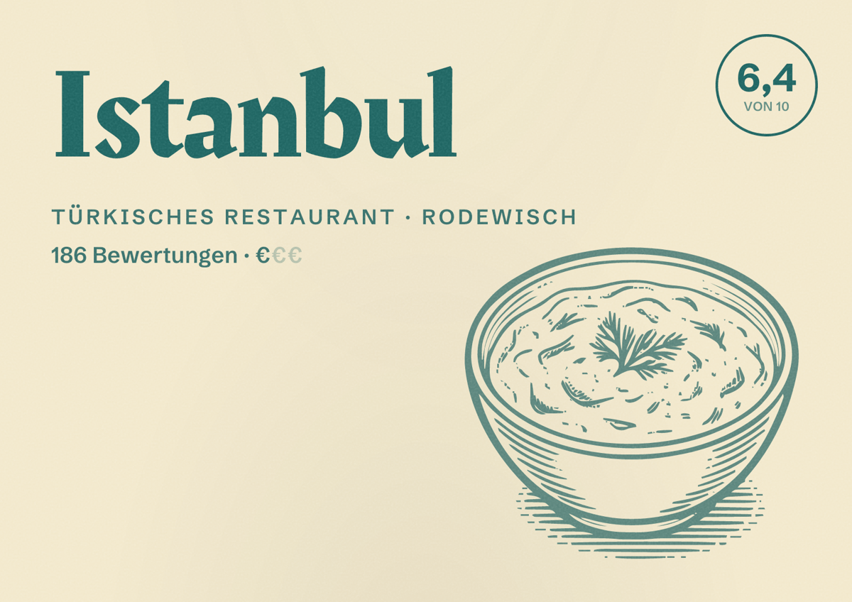 Illustriertes Poster von Istanbul, Türkisches Restaurant in Rodewisch: Bewertung 6,4 von 10 aus 186 Bewertungen, Preisniveau €