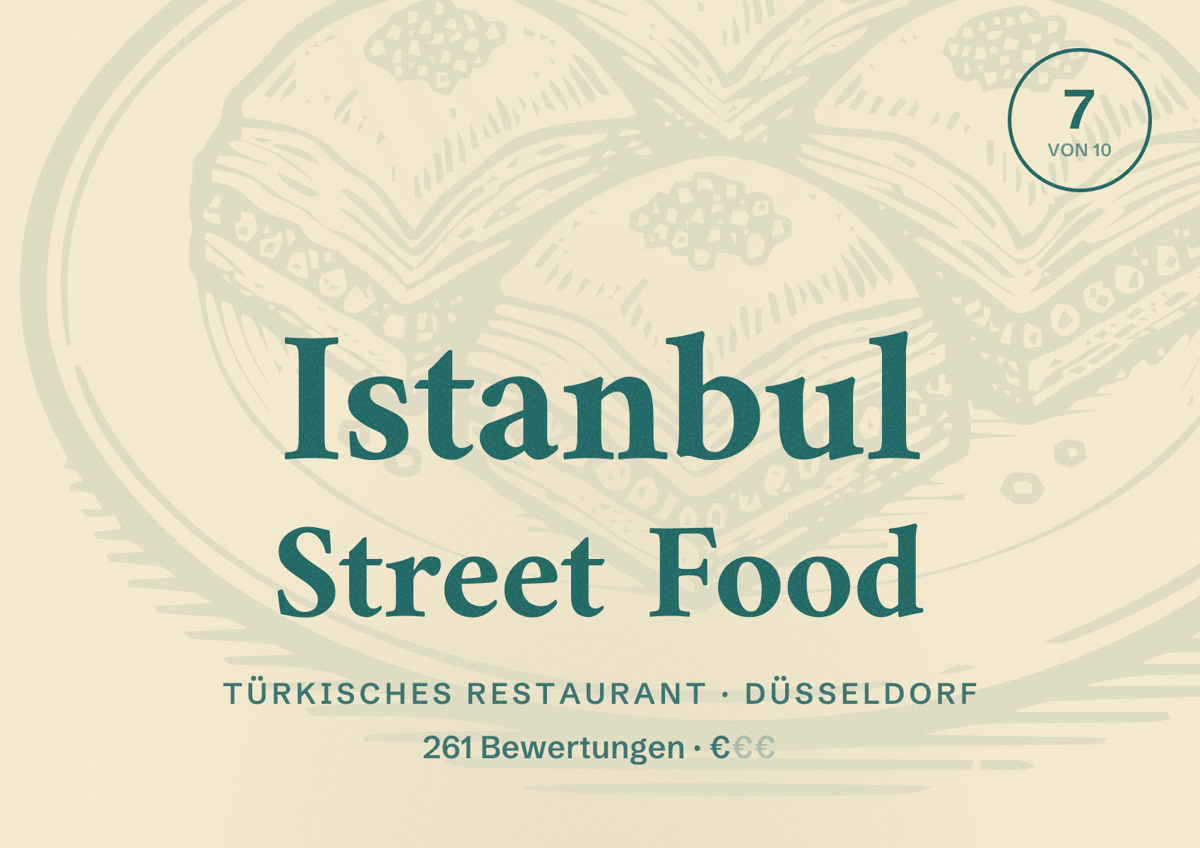 Illustriertes Poster von Istanbul Street Food, Türkisches Restaurant in Düsseldorf: Bewertung 7,0 von 10 aus 261 Bewertungen, Preisniveau €