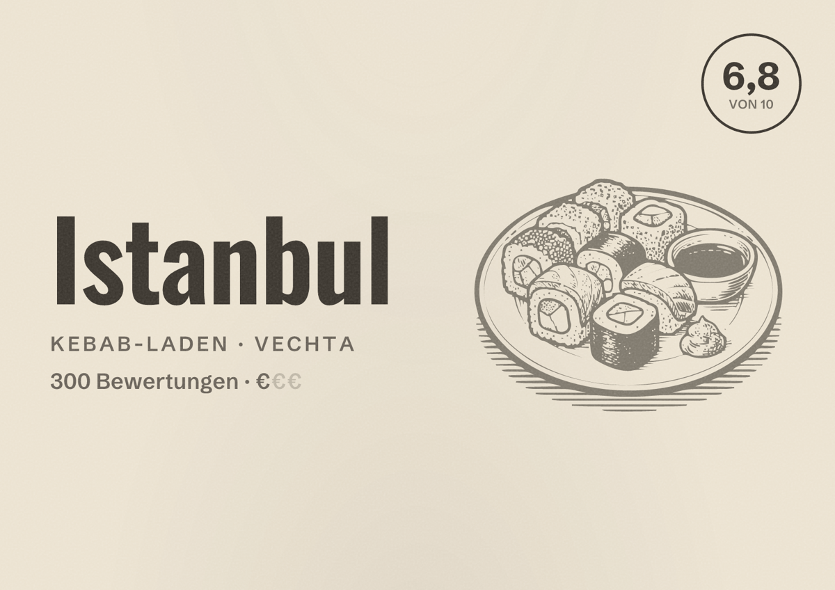 Illustriertes Poster von Istanbul, Kebab-Laden in Vechta: Bewertung 6,8 von 10 aus 300 Bewertungen, Preisniveau €