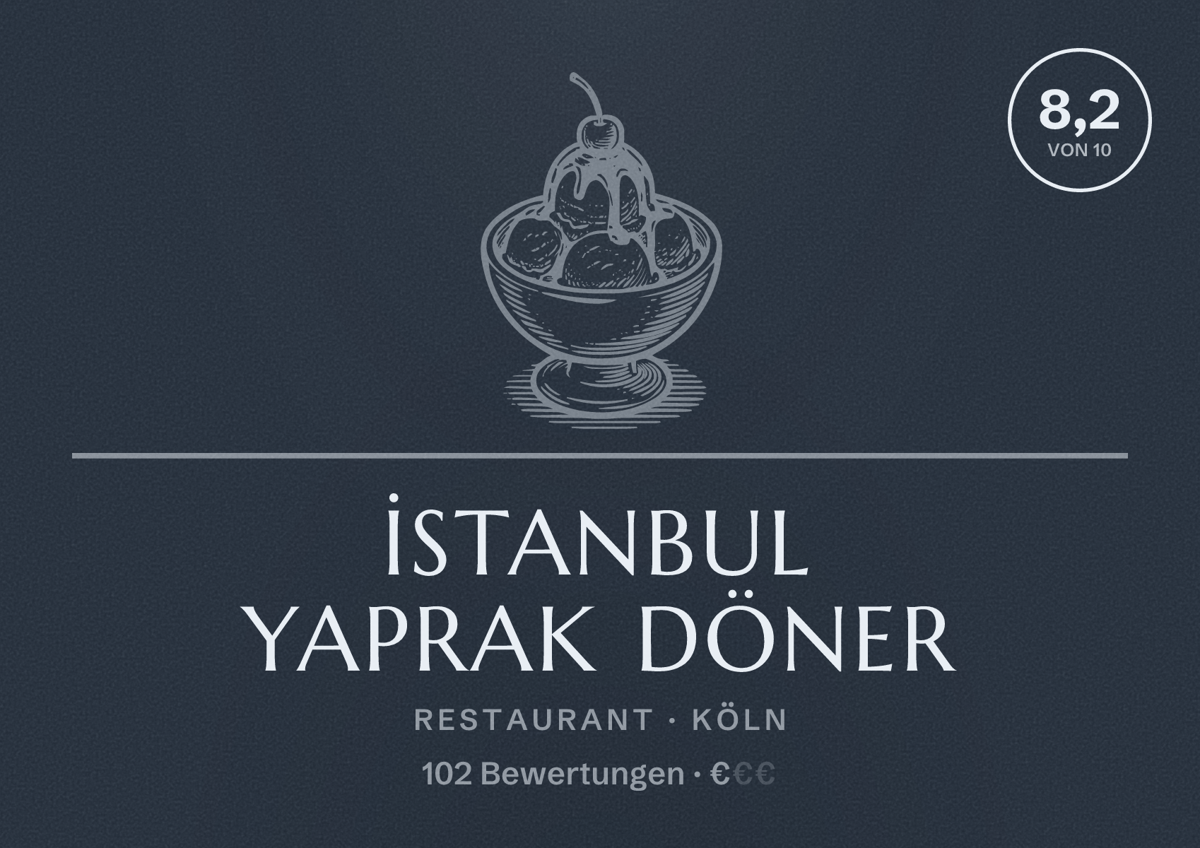Illustriertes Poster von İstanbul Yaprak döner, Restaurant in Köln: Bewertung 8,2 von 10 aus 102 Bewertungen, Preisniveau €