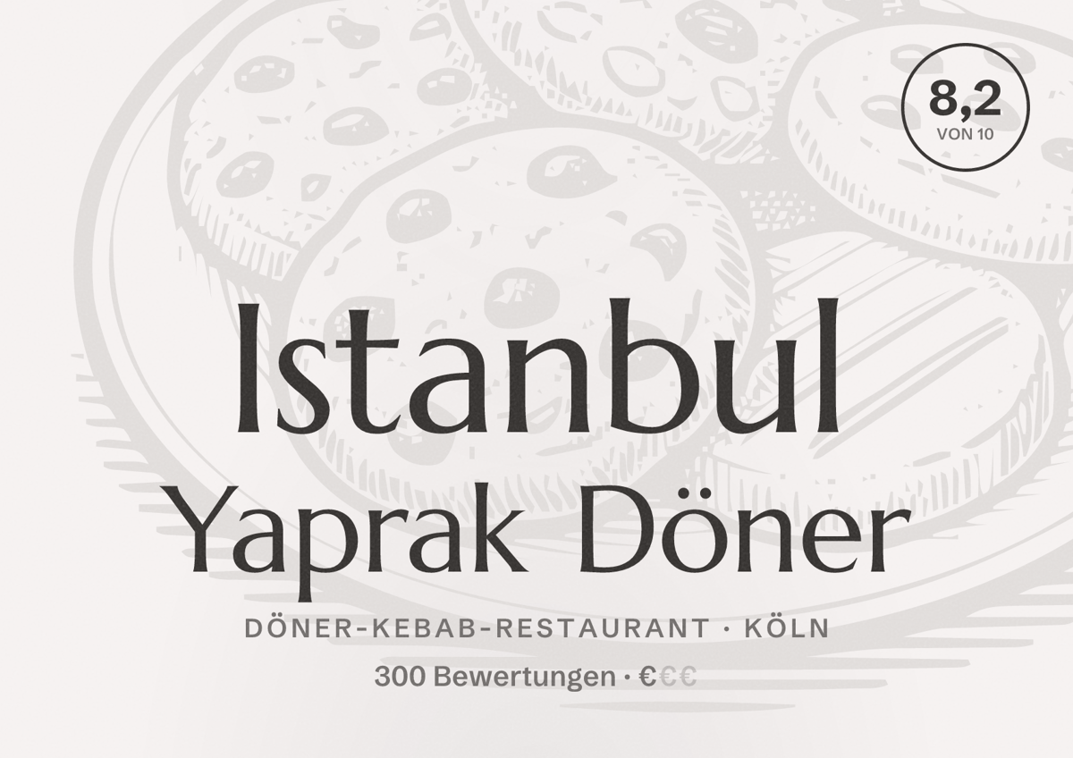 Illustriertes Poster von Istanbul Yaprak Döner, Döner-Kebab-Restaurant in Köln: Bewertung 8,2 von 10 aus 300 Bewertungen, Preisniveau €