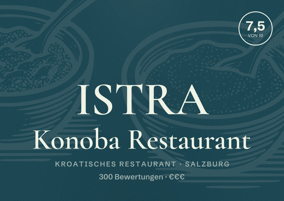 Illustriertes Poster von ISTRA Konoba Restaurant, Kroatisches Restaurant in Salzburg: Bewertung 7,5 von 10 aus 300 Bewertungen, Preisniveau €€€