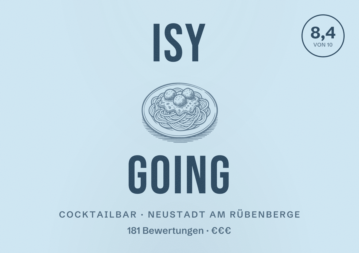 Illustriertes Poster von Isy Going, Cocktailbar in Neustadt am Rübenberge: Bewertung 8,4 von 10 aus 181 Bewertungen, Preisniveau €€€