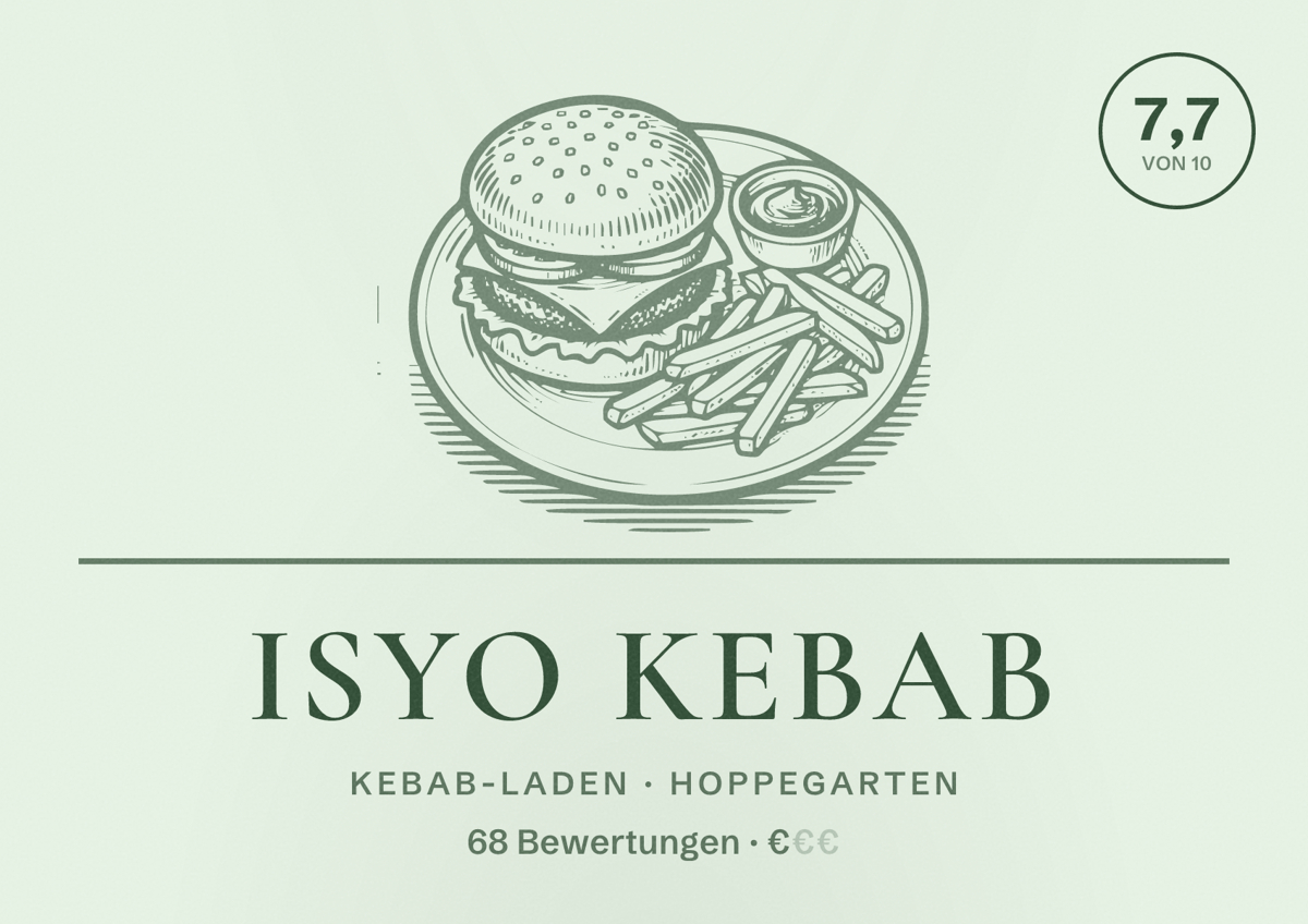Illustriertes Poster von Isyo Kebab, Kebab-Laden in Hoppegarten: Bewertung 7,7 von 10 aus 68 Bewertungen, Preisniveau €