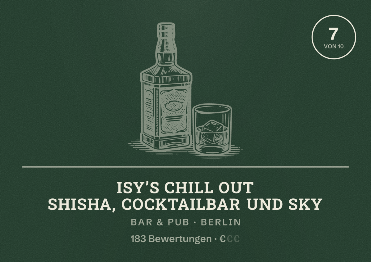 Illustriertes Poster von Isy’s Chill out Shisha, Cocktailbar und Sky, Bar & Pub in Berlin: Bewertung 7 von 10 aus 183 Bewertungen, Preisniveau €