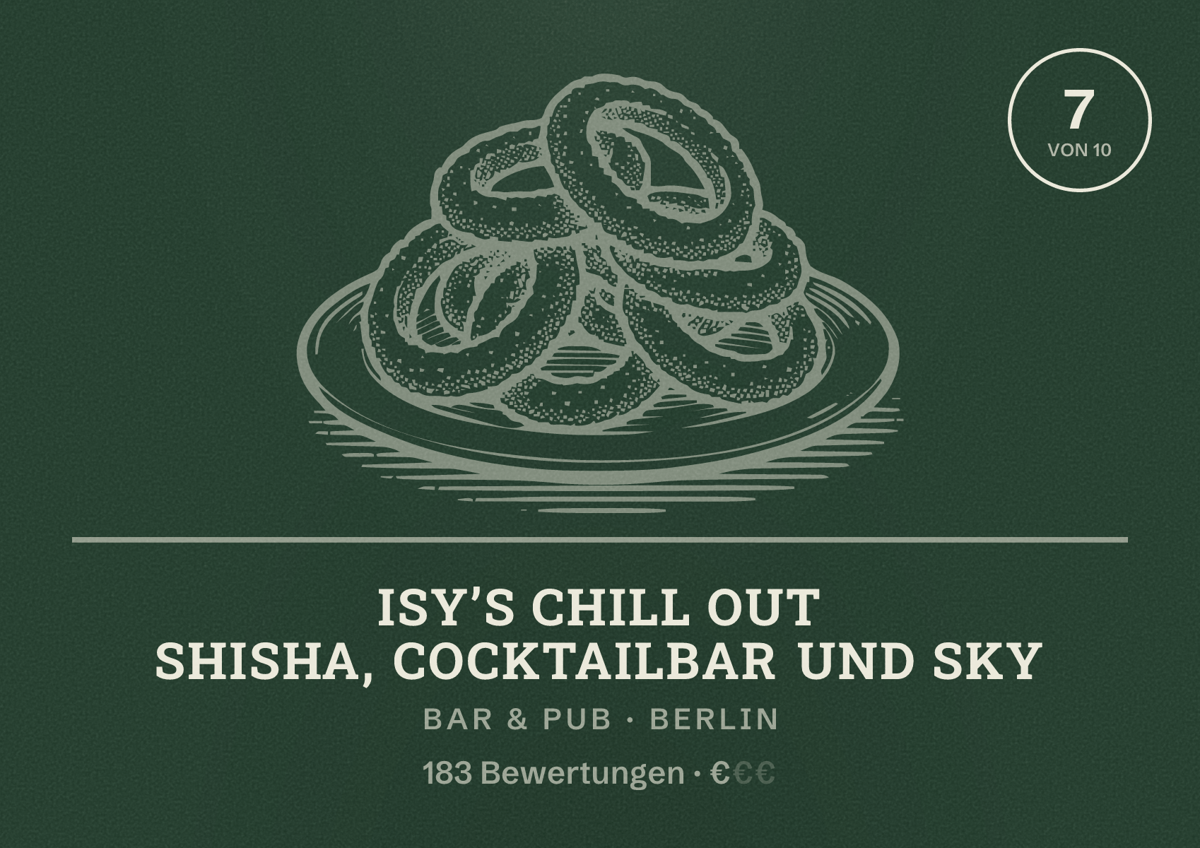 Illustriertes Poster von Isy’s Chill out Shisha, Cocktailbar und Sky, Bar & Pub in Berlin: Bewertung 7,0 von 10 aus 183 Bewertungen, Preisniveau €