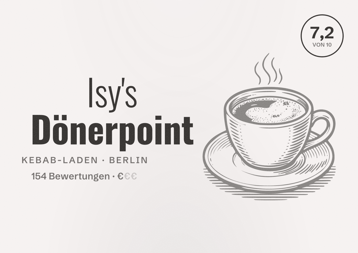 Illustriertes Poster von Isy's Dönerpoint, Kebab-Laden in Berlin: Bewertung 7,2 von 10 aus 154 Bewertungen, Preisniveau €